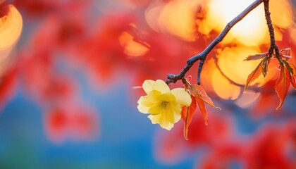 a close up of a branch with a yellow flower on it and a blurry background of blue and orange - Powered by Adobe
