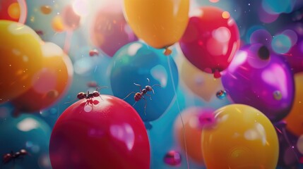 Colorful balloons in background, ants eyes view