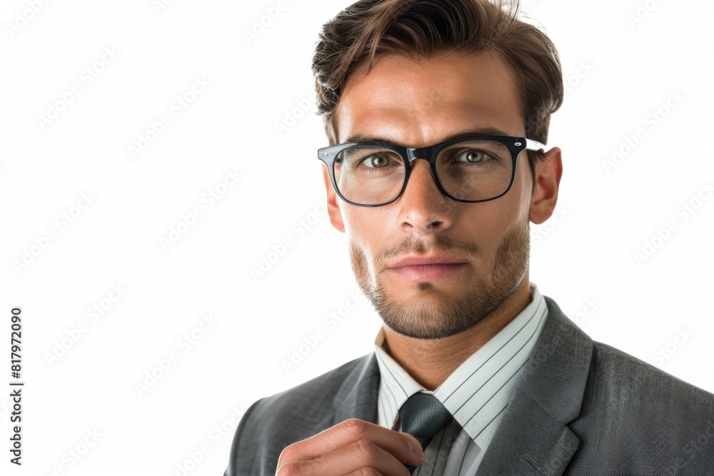 Wall mural A man in a suit and tie is wearing glasses and fixing his tie