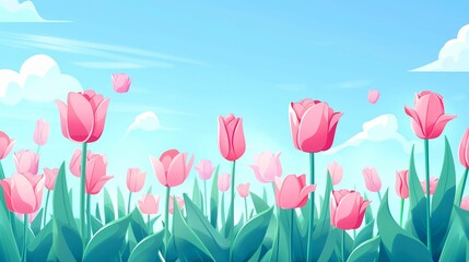 background illustration for social networks with pink tulips and blue sky on a summer day with a place for text	
