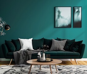 Dark teal sofa with black and white pillows