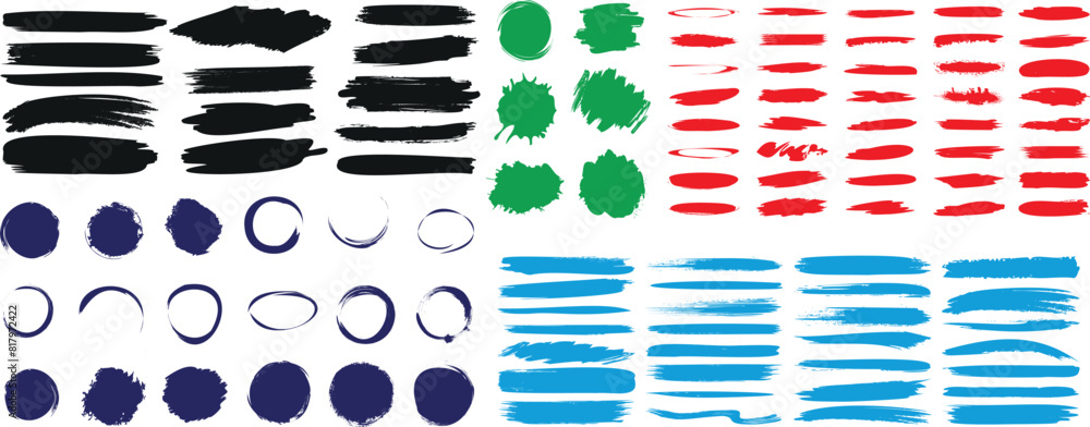 Poster colorful brush stroke vector set, black radial circular brushstroke and linear brush stroke red, blu - Posters