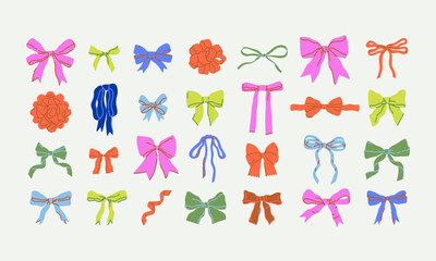 Bows and ribbons colorful set. Festive bundle for cute and elegant designs like birthday cards, wedding stationery, gift wrapping, fabrics, tags, tattoo. All items are vector and isolated. Fancy lines