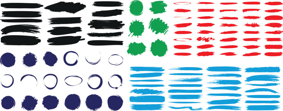 Colorful brush stroke vector set, black radial circular brushstroke and linear brush stroke red, blue, green, circle, line stroke artistic textures, abstract design