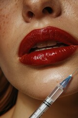 illustration close-up of female lips and syringe for lips augmentation, cosmetic surgery, botox concept theme