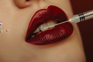 illustration close-up of female lips and syringe for lips augmentation, cosmetic surgery, botox concept theme