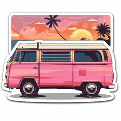sticker design of a vintage retro pink and white van, traveling, white background  at the sunset