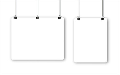 White posters hanging on binder. Grey wall with mock up. Vector