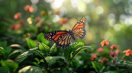 Fototapeta na wymiar Fragile butterfly on green plant in garden