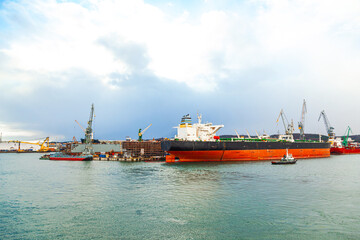 Ship repair yard with ships in Gdynia, Poland.