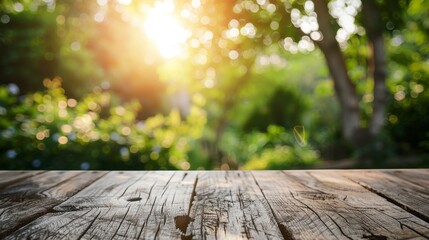 Empty wooden table top for product display, presentation stage. Lush sunny summer forest background.