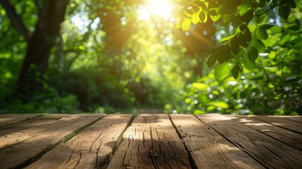 Empty wooden table top for product display, presentation stage. Lush sunny summer forest background.