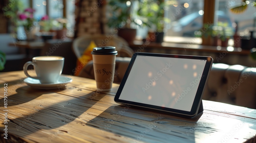 Poster a tablet device on a coffee shop table with a blank screen. mock-up.