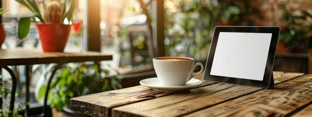 Poster a tablet device on a coffee shop table with a blank screen. mock-up.