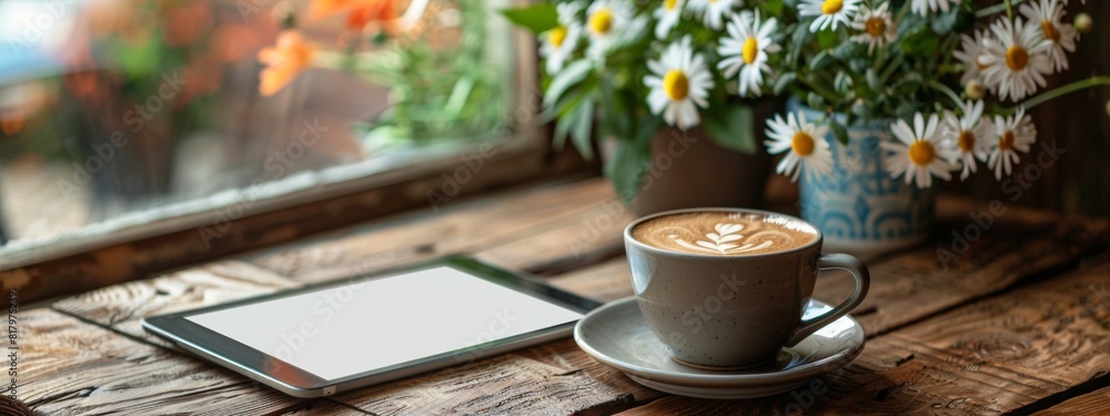 Poster a tablet device on a coffee shop table with a blank screen. mock-up.
