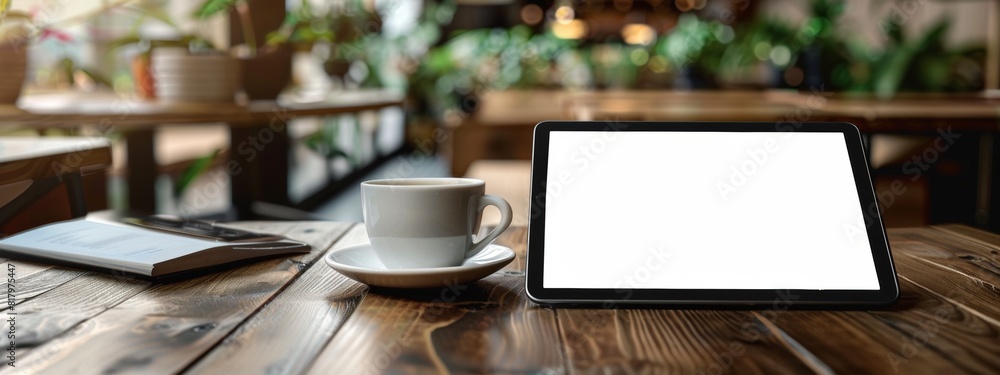 Poster a tablet device on a coffee shop table with a blank screen. mock-up.