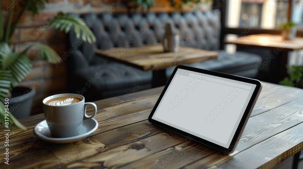 Poster a tablet device on a coffee shop table with a blank screen. mock-up.
