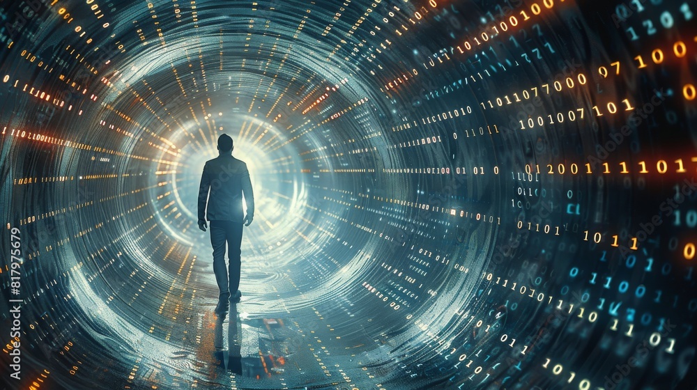 Fototapete a businessman walking in a tunnel made of binary data. generative ai.