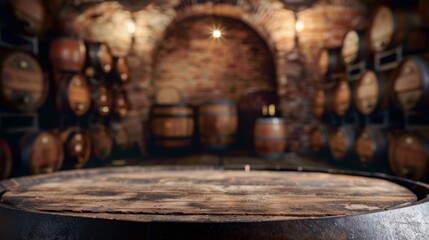 Empty wooden table top for product display, presentation stage. Wine cellar with barrels in the background.