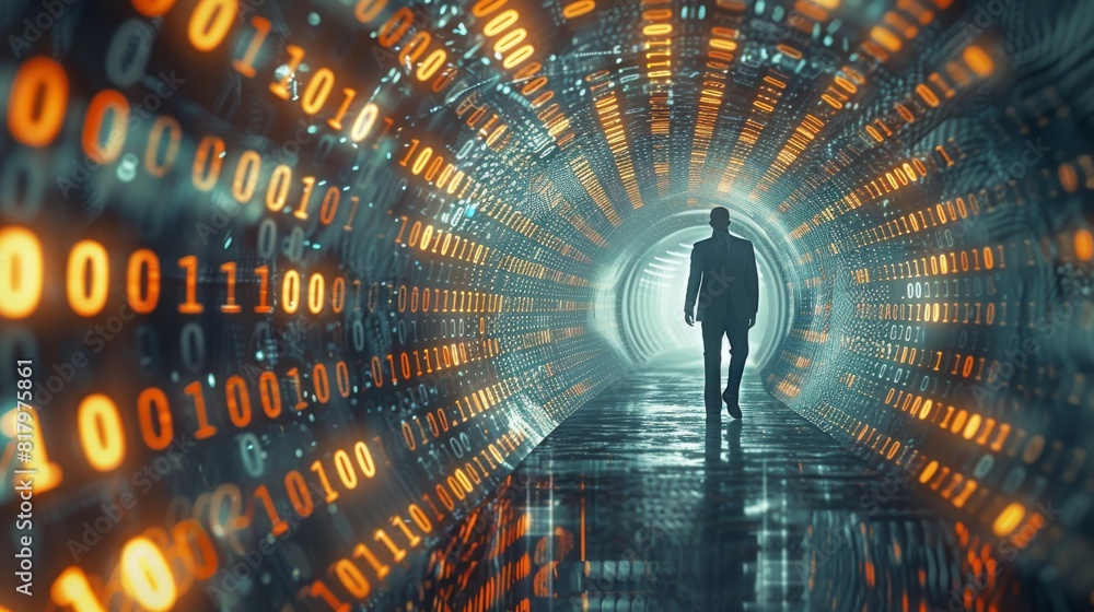 Fototapete A businessman walking in a tunnel made of binary data. Generative AI.