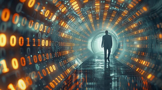 A businessman walking in a tunnel made of binary data. Generative AI.