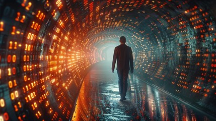 A businessman walking in a tunnel made of binary data. Generative AI.