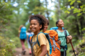 A nature trail with a family hiking together, sharing laughter and carrying backpacks filled with snacks and water