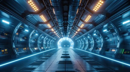 Futuristic Underground Tunnel Illuminated by Glowing Neon Lights and Advanced Digital Navigation...