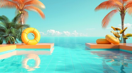 swimming pool with palm trees and yellow inflatable circles