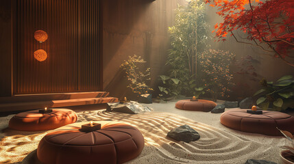 A peaceful meditation space with cushions, incense, and a sand garden, with no digital screens nearby