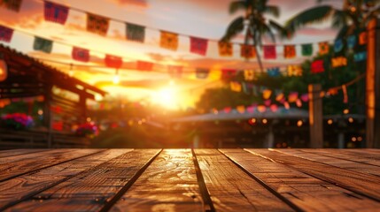 Empty wooden table top for product display, presentation stage. Mexican "Cinco de Mayo" party background with bokeh lights and paper decorations.