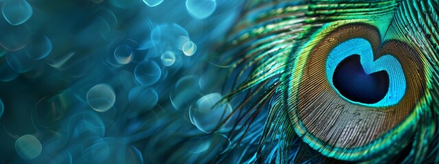 Vibrant peacock feather background or banner with copy space, showing iridescent eyes and intricate patterns.	
