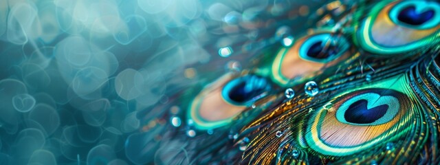 Vibrant peacock feather background or banner with copy space, showing iridescent eyes and intricate patterns.	
