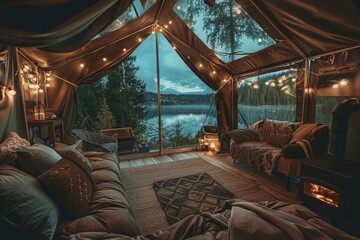 A cozy glamping tent interior with fireplace, bed and sofa at night near the lake. Beautiful forest landscape outside of window. Hyper realistic photography
