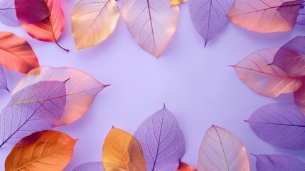 Colorful transparent leaves in pastel style on a purple background with copy space. Leaf texture, leaf background with veins and cells.	