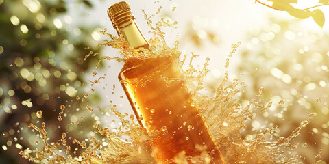 Liquid Liberation: A bottle launching through the air, freeing its contents from their confines.