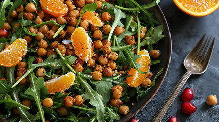 A refreshing vegan salad with arugula, roasted chickpeas, orange segments, and a citrus vinaigrette