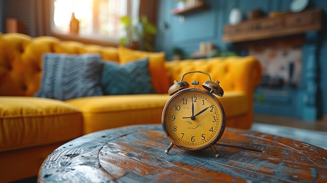 Vintage alarm clock heralds morning time ticking in antique bedroom. Early wake up call classic timer on table blending work and sleep. Retro style and lazy mornings reminder of day tasks in cozy room