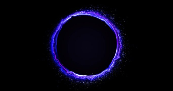 Abstract random flow animation of colorful particles through neon portal. Vibrant hues of purple create a dynamic scene, where circle of light bloom and splash in smooth and continuous motion