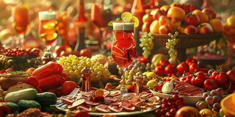 Intoxicated Indulgence: A sumptuous feast, overflowing with food and drink, beckoning the consumer.