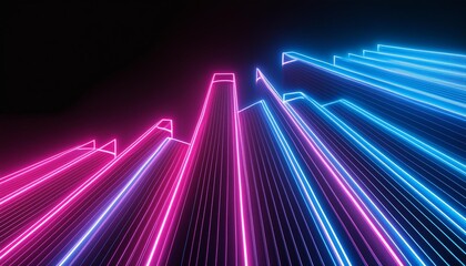3d render abstract ascending pink blue neon lines isolated on black background digital ultraviolet...