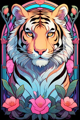 Elegant Tiger Art with Bright Colors and Decorative Flowers