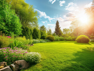 The backyard boasts a breathtaking view, with a lush green lawn basking in warm sunlight and carefully crafted garden landscaping. It perfectly captures the exquisite beauty of summer.