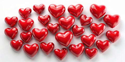 Red glossy 3D hearts neatly aligned on a white background.
