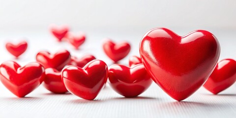 Large red hearts stand neatly on a white surface