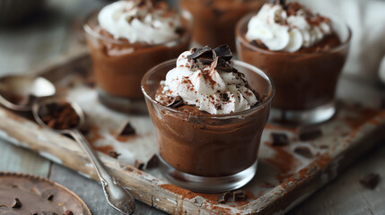 A rich vegan chocolate mousse topped with coconut whipped cream and cacao nibs