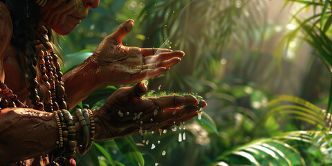 In the heart of a lush jungle, a shaman conducts a ritual, imbuing nature with their spiritual energies