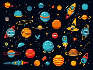 Space motifs flat design side view scifi theme cartoon drawing Complementary Color Scheme