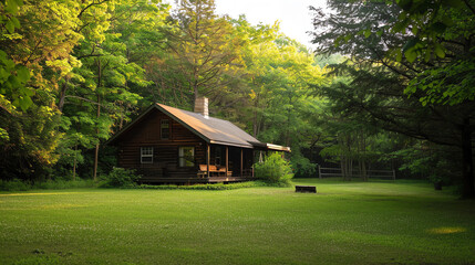 A serene cabin in the woods, with no digital devices, surrounded by trees and a clear sky