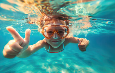 a girl wearing goggles and swimming in the water with her hand up giving a thumbs up, a happy expression on her face
